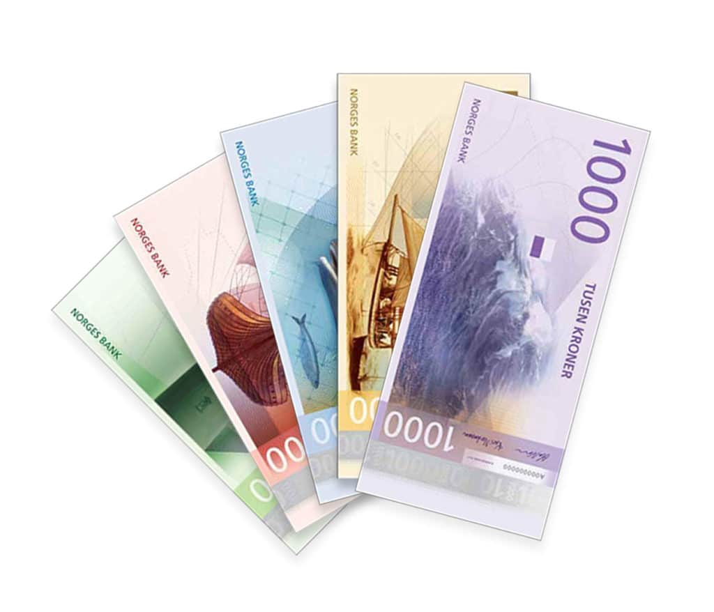 En 1000, 500, 200, 100 og 50 norsk pengeseddel